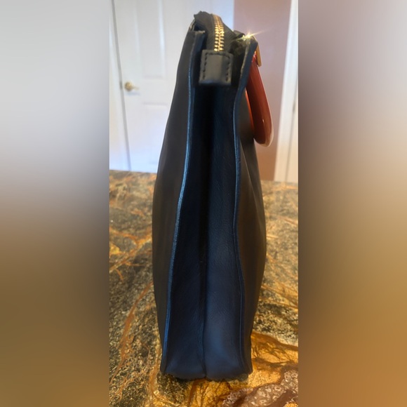 NWOT Made in Italy Black Leather Acetate Handled Satchel Top Handled Bag Purse - Picture 4 of 11